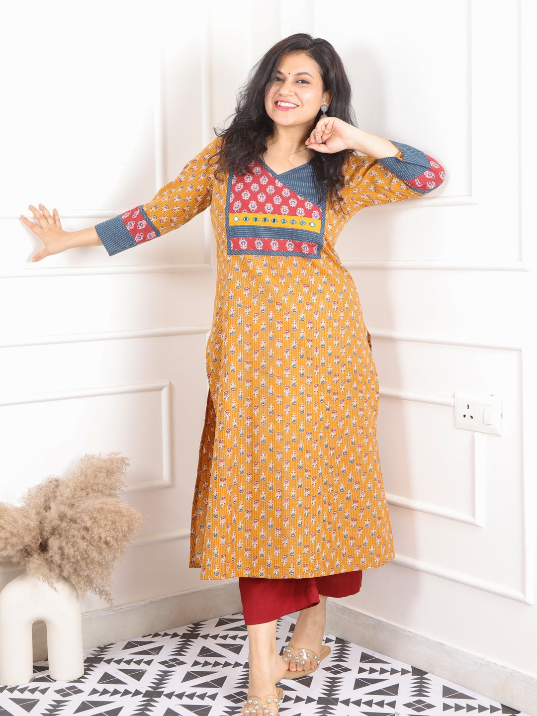 Shaayraana Honey Yellow Kutch Neck Patch Work Angrakha Cotton Kurti-D2