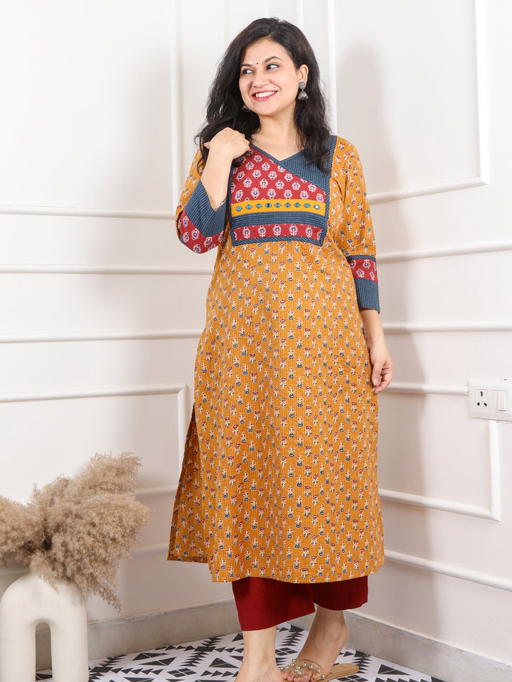 Shaayraana Honey Yellow Kutch Neck Patch Work Angrakha Cotton Kurti-D2