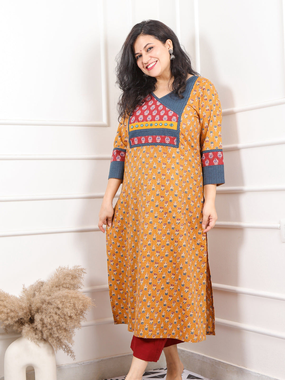 Shaayraana Honey Yellow Kutch Neck Patch Work Angrakha Cotton Kurti-D2