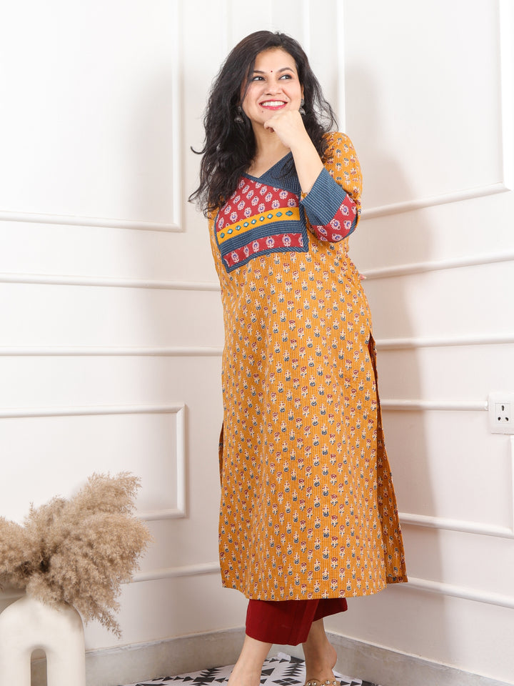 Shaayraana Honey Yellow Kutch Neck Patch Work Angrakha Cotton Kurti-D2