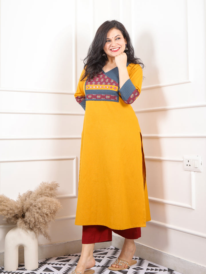 Shaayraana Bright Yellow Kutch Neck Patch Work Angrakha Cotton Flex Kurti-D2