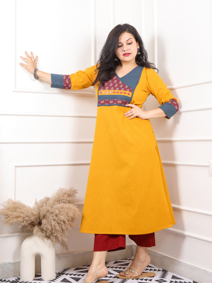 Shaayraana Bright Yellow Kutch Neck Patch Work Angrakha Cotton Flex Kurti-D2