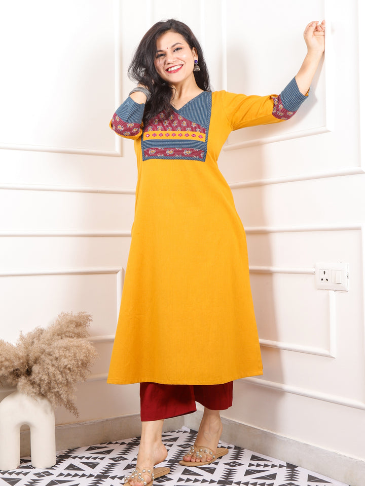 Shaayraana Bright Yellow Kutch Neck Patch Work Angrakha Cotton Flex Kurti-D2