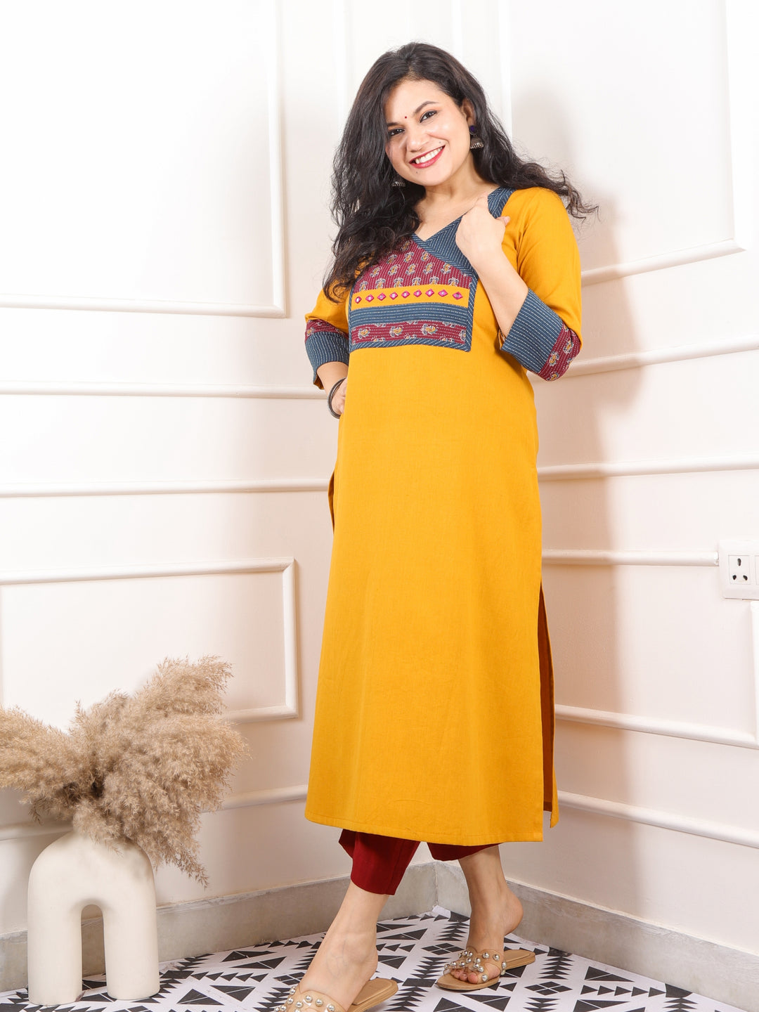 Shaayraana Bright Yellow Kutch Neck Patch Work Angrakha Cotton Flex Kurti-D2