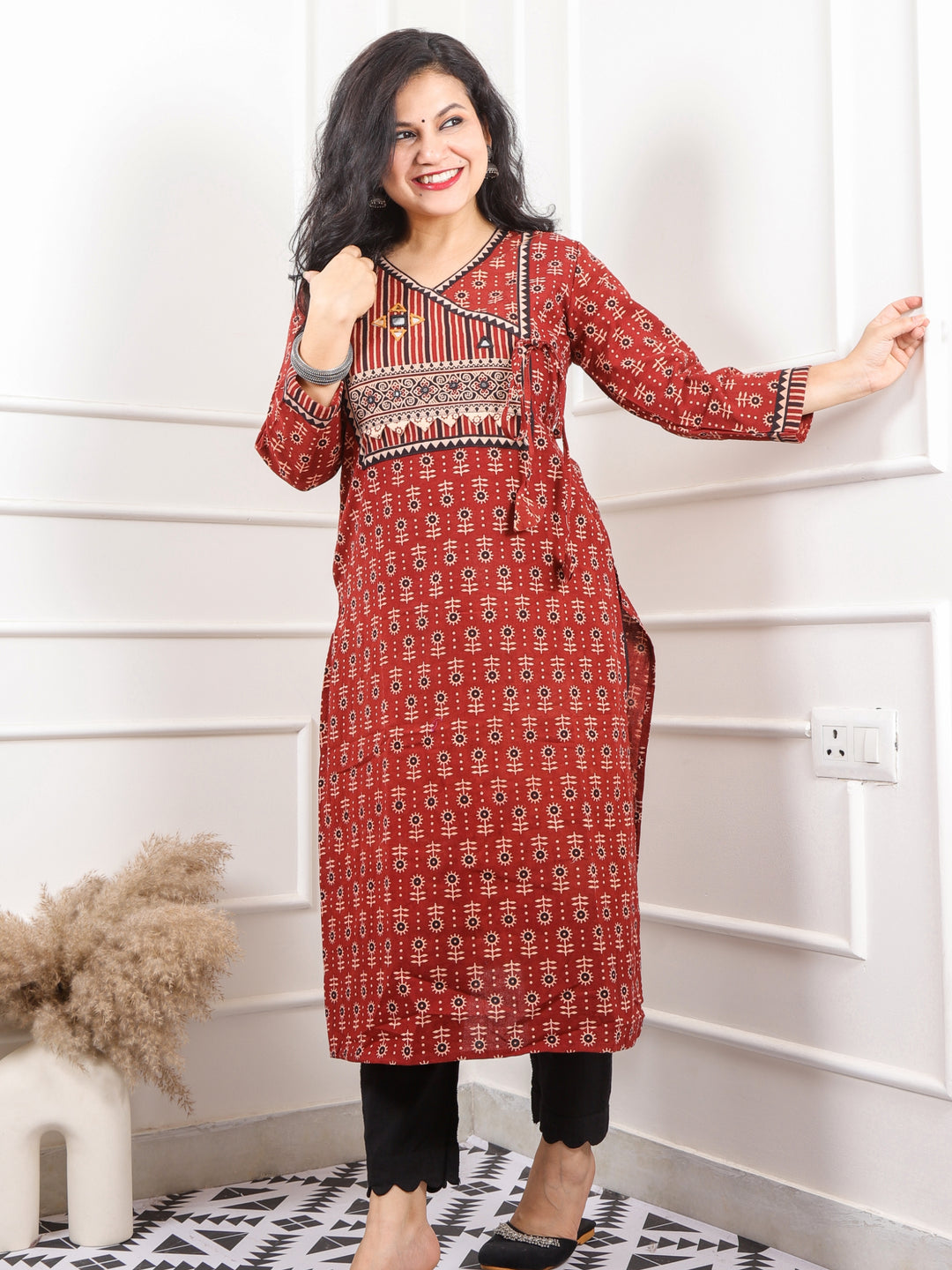 Ghoomer Cherry Red Angrakha Style Neck Work Print Cotton Kurti-D5