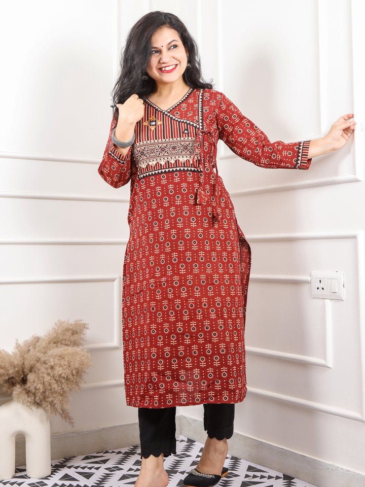 Ghoomer Cherry Red Angrakha Style Neck Work Print Cotton Kurti-D5