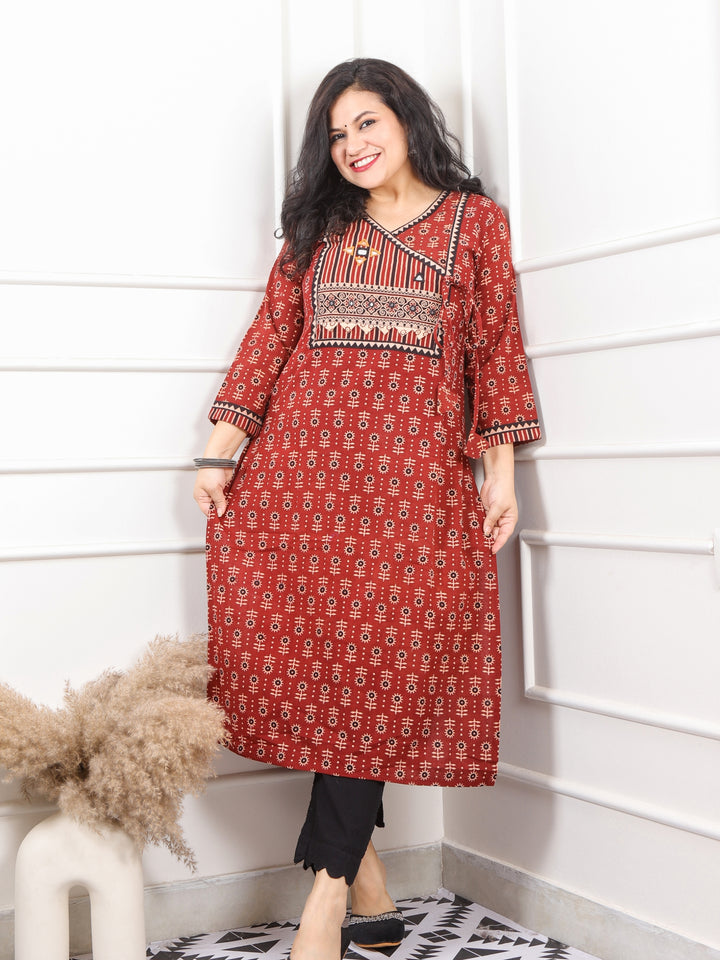 Ghoomer Cherry Red Angrakha Style Neck Work Print Cotton Kurti-D5