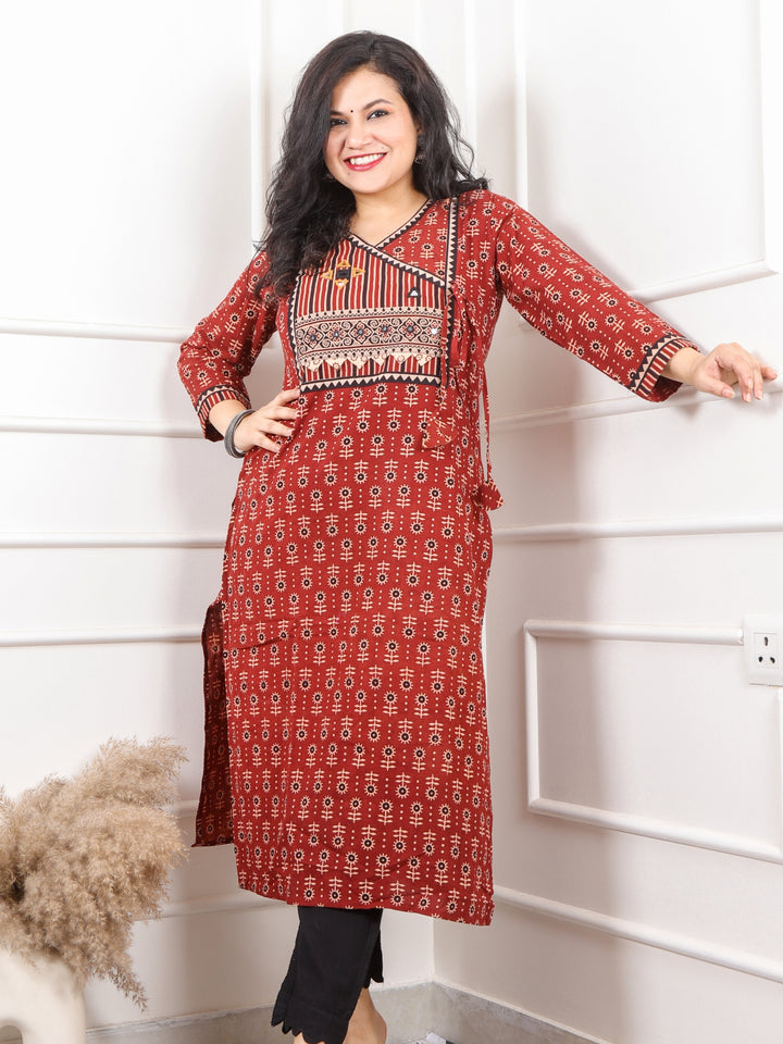 Ghoomer Cherry Red Angrakha Style Neck Work Print Cotton Kurti-D5