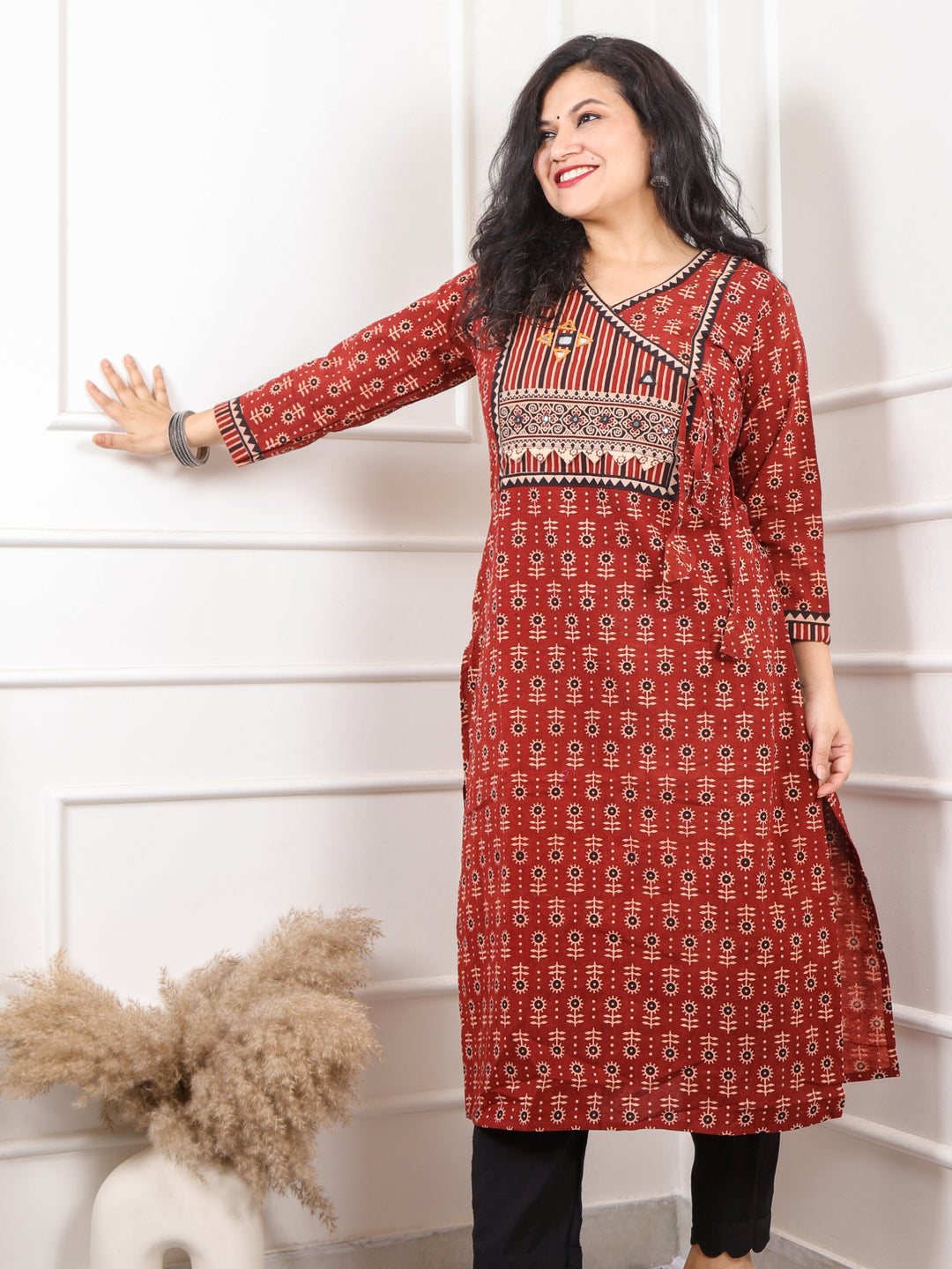 Ghoomer Cherry Red Angrakha Style Neck Work Print Cotton Kurti-D5