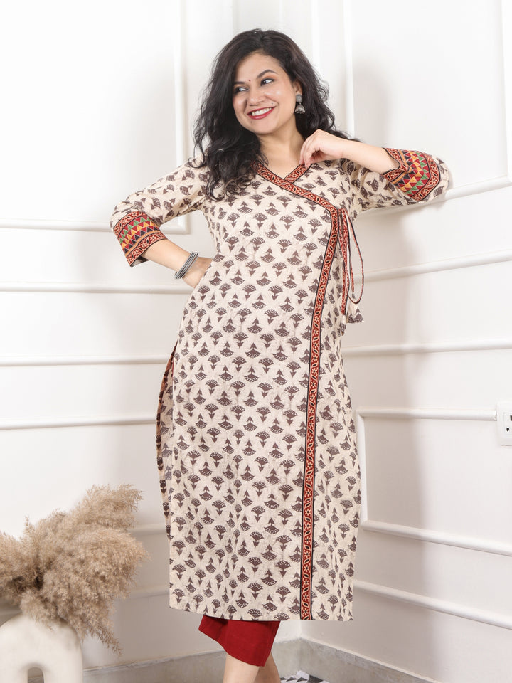 Shaayraana Latte Beige Printed Long Neck Angrakha Style Cotton Kurti-D2