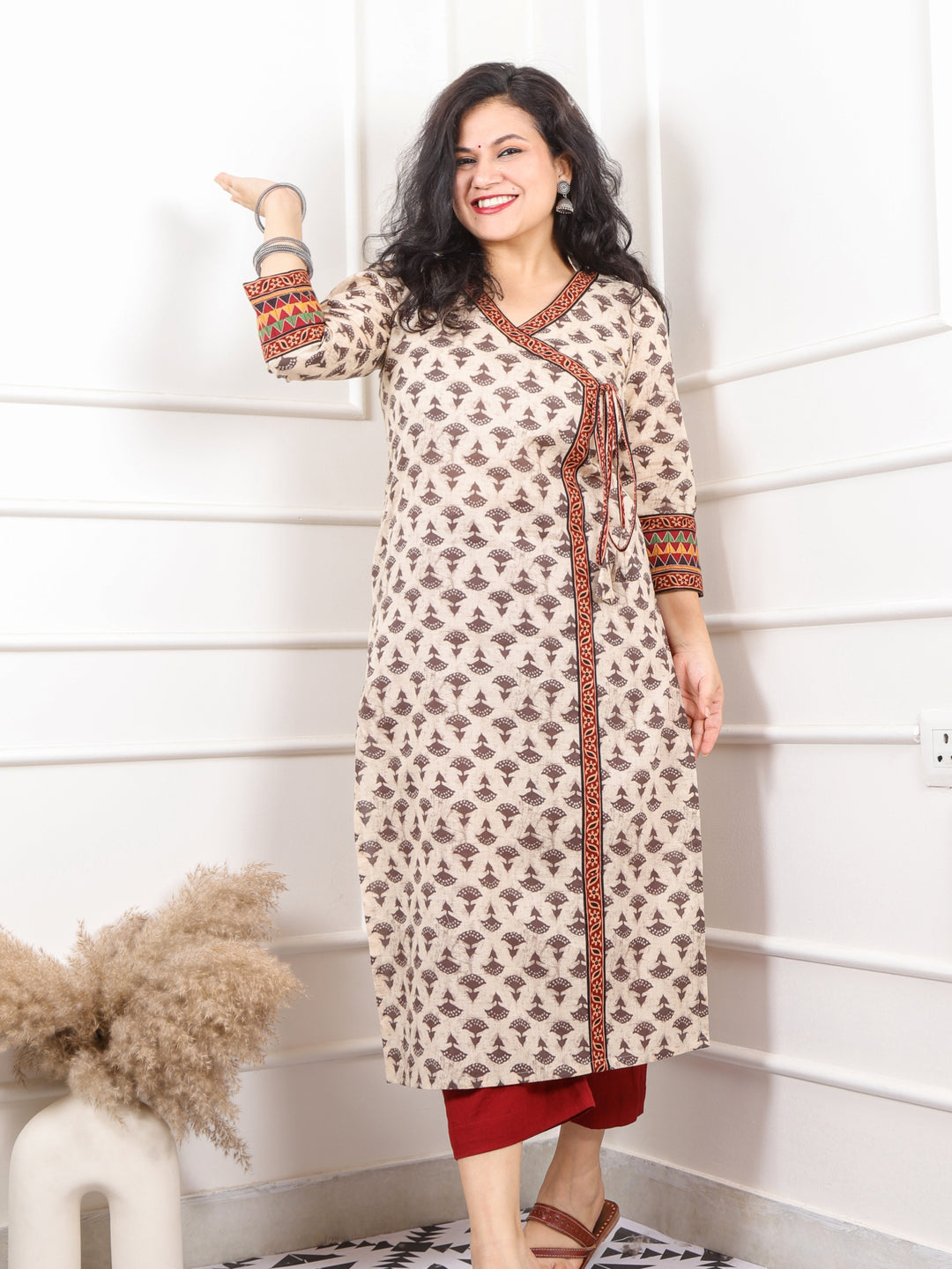 Shaayraana Latte Beige Printed Long Neck Angrakha Style Cotton Kurti-D2