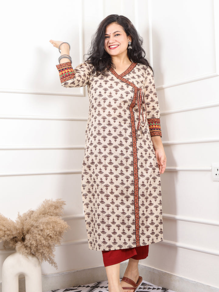 Shaayraana Latte Beige Printed Long Neck Angrakha Style Cotton Kurti-D2