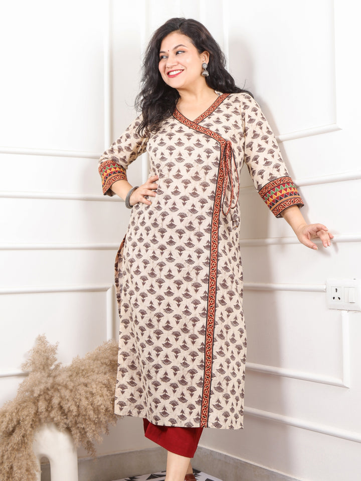 Shaayraana Latte Beige Printed Long Neck Angrakha Style Cotton Kurti-D2