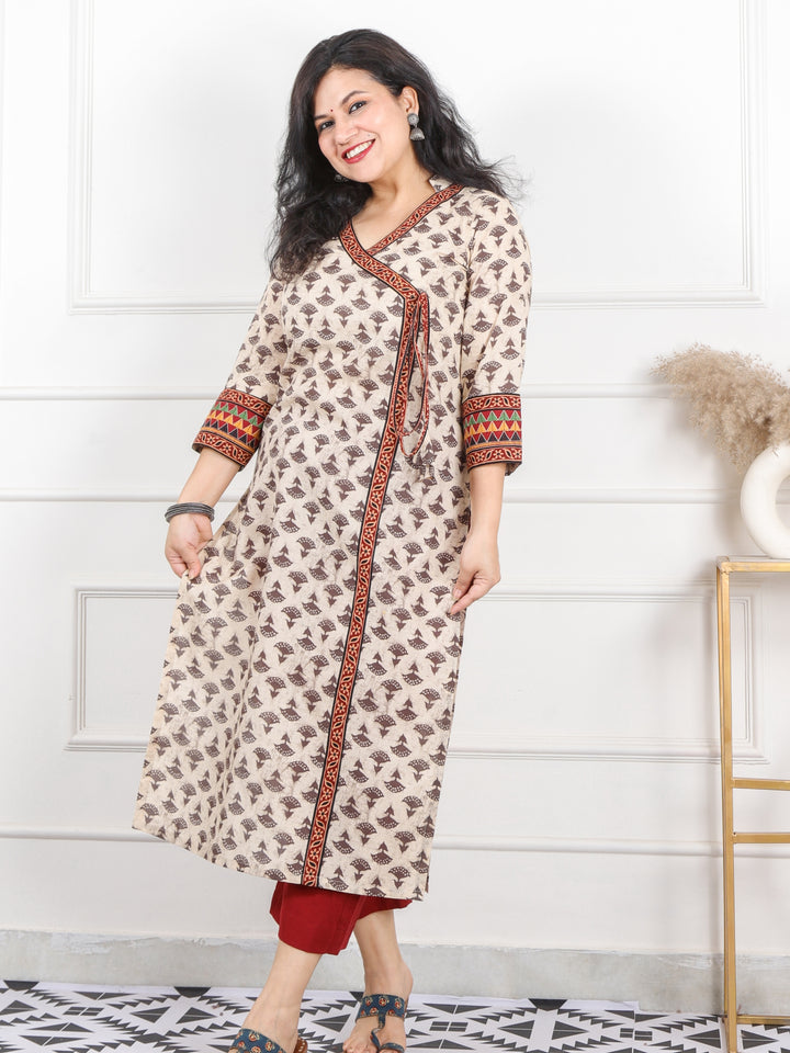 Shaayraana Latte Beige Printed Long Neck Angrakha Style Cotton Kurti-D2