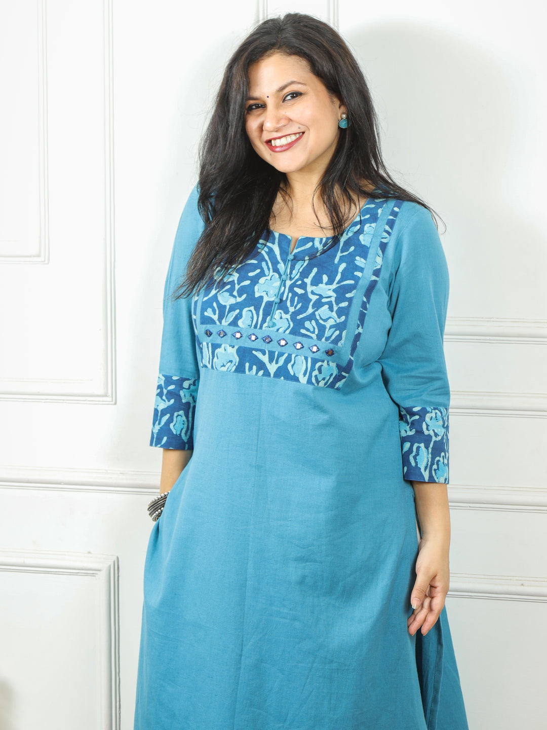 Shaayraana Sapphire Blue Kutch Patch Neck Work Cotton Flex Kurti