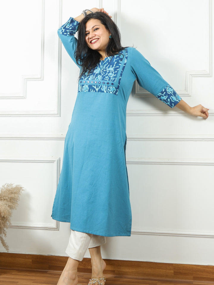 Shaayraana Sapphire Blue Kutch Patch Neck Work Cotton Flex Kurti