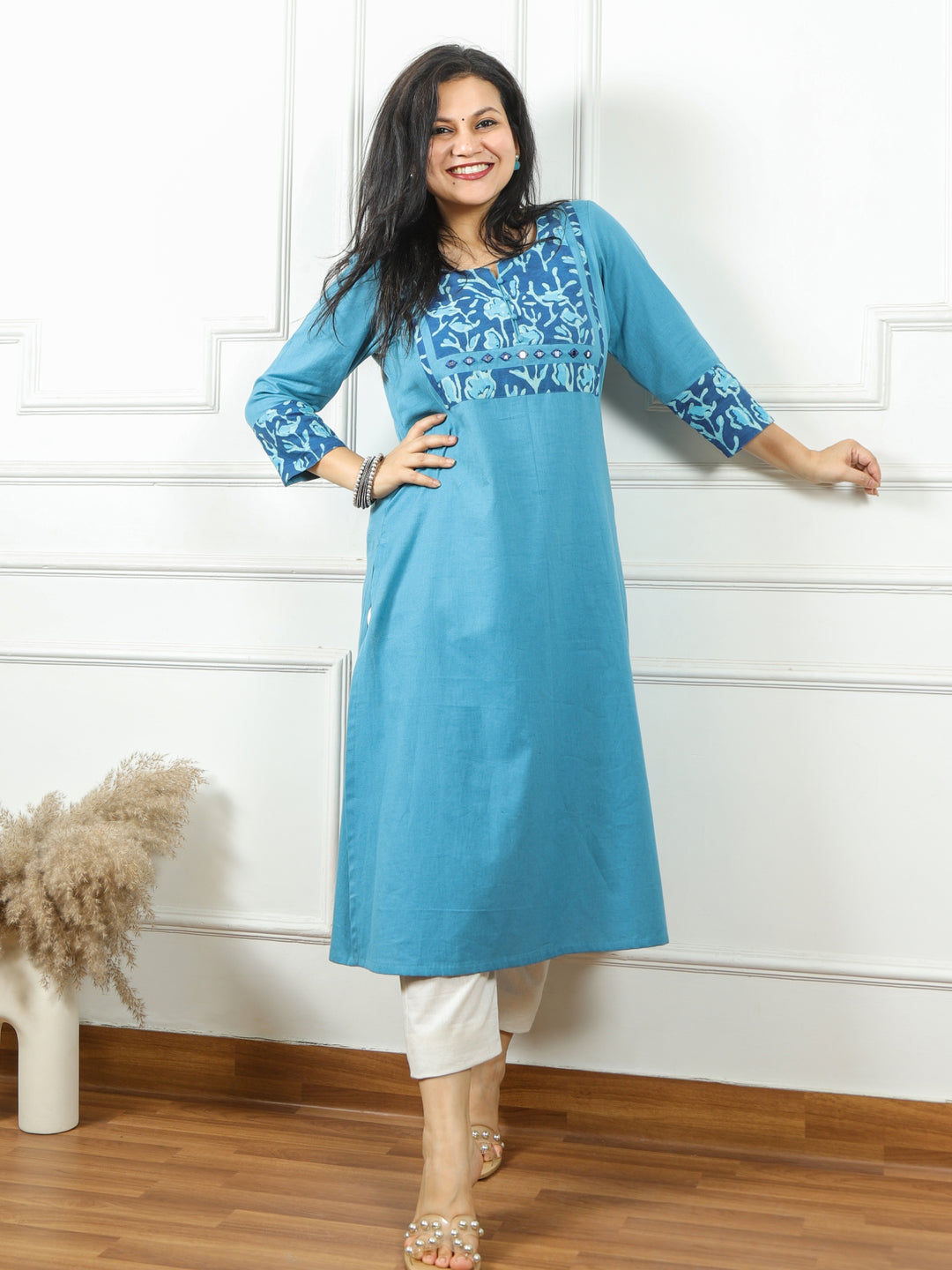 Shaayraana Sapphire Blue Kutch Patch Neck Work Cotton Flex Kurti