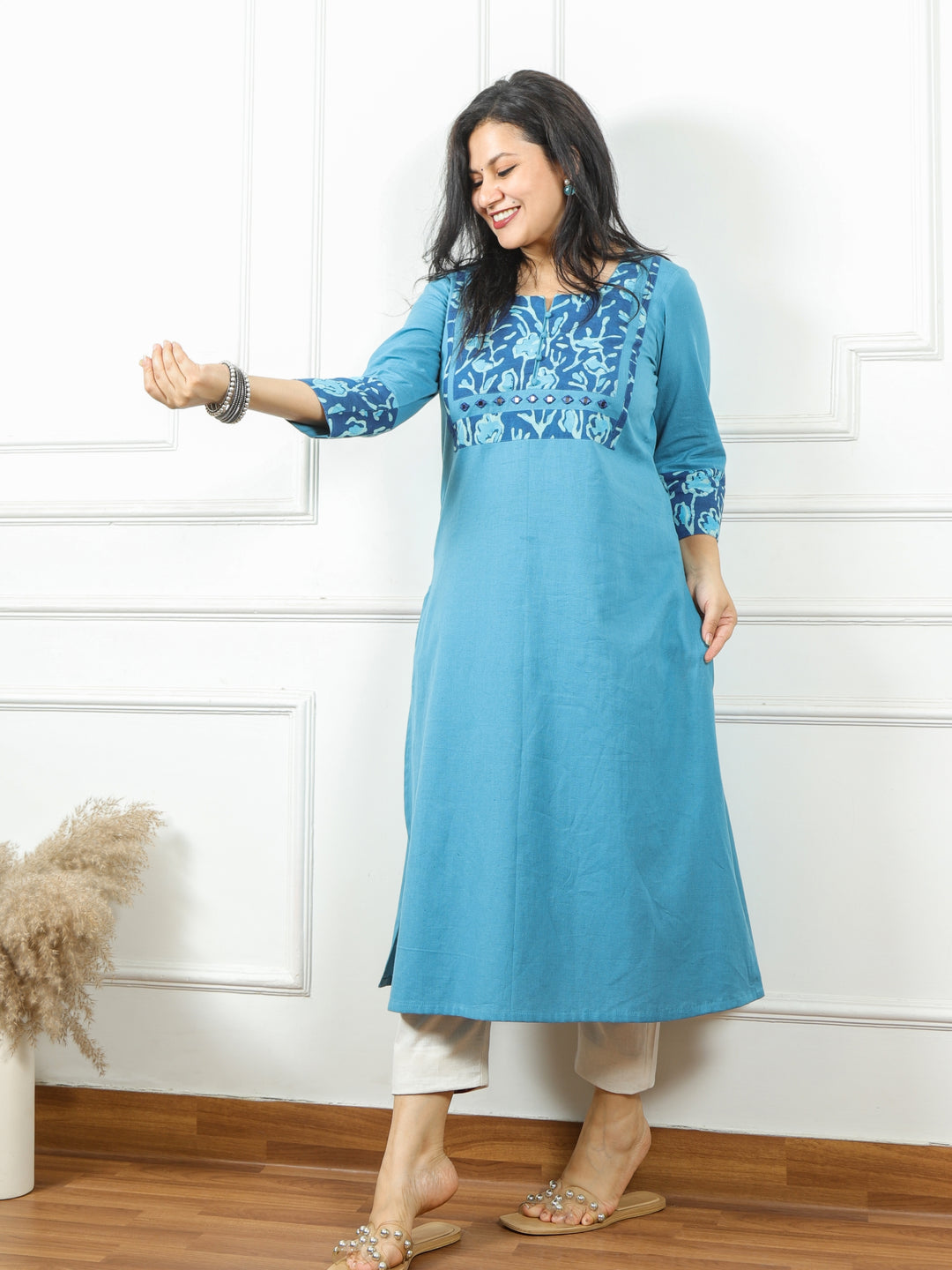 Shaayraana Sapphire Blue Kutch Patch Neck Work Cotton Flex Kurti