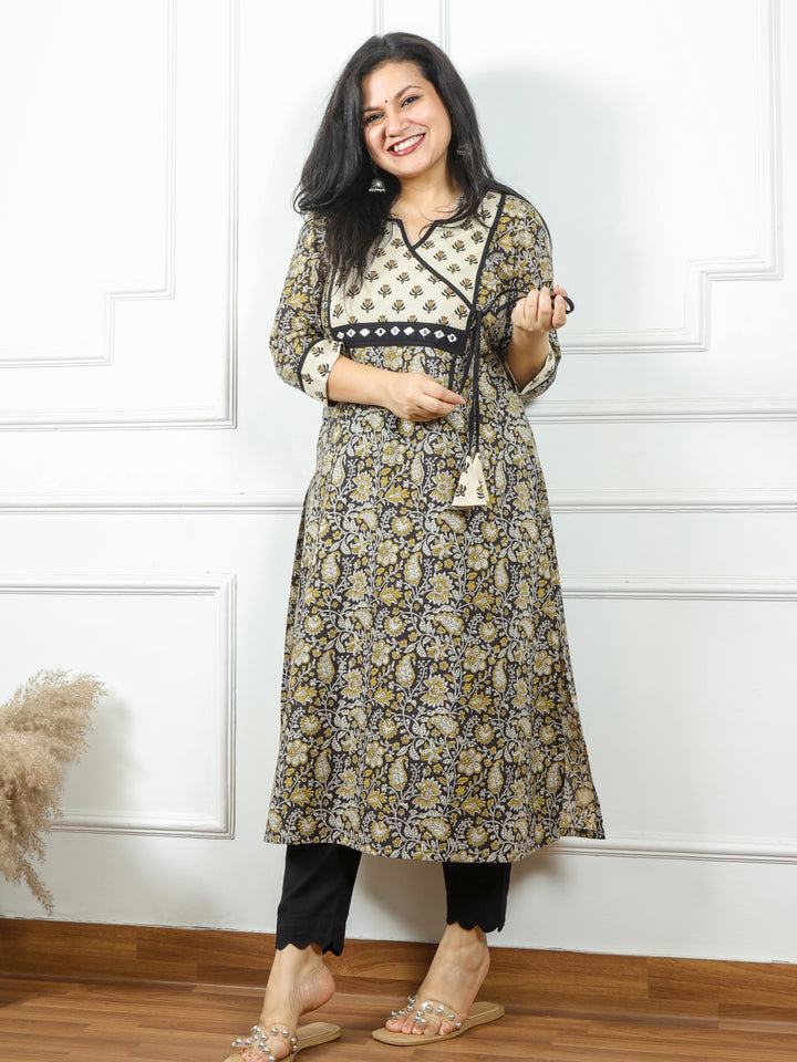 Udarri Black Kalamkari Printed Kutch Patch Neck Angrakha Cotton Kurti-D1