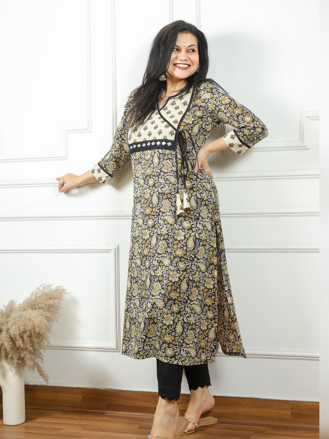 Udarri Black Kalamkari Printed Kutch Patch Neck Angrakha Cotton Kurti-D1