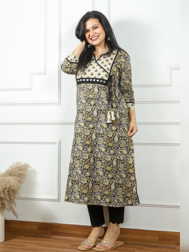 Udarri Black Kalamkari Printed Kutch Patch Neck Angrakha Cotton Kurti-D1