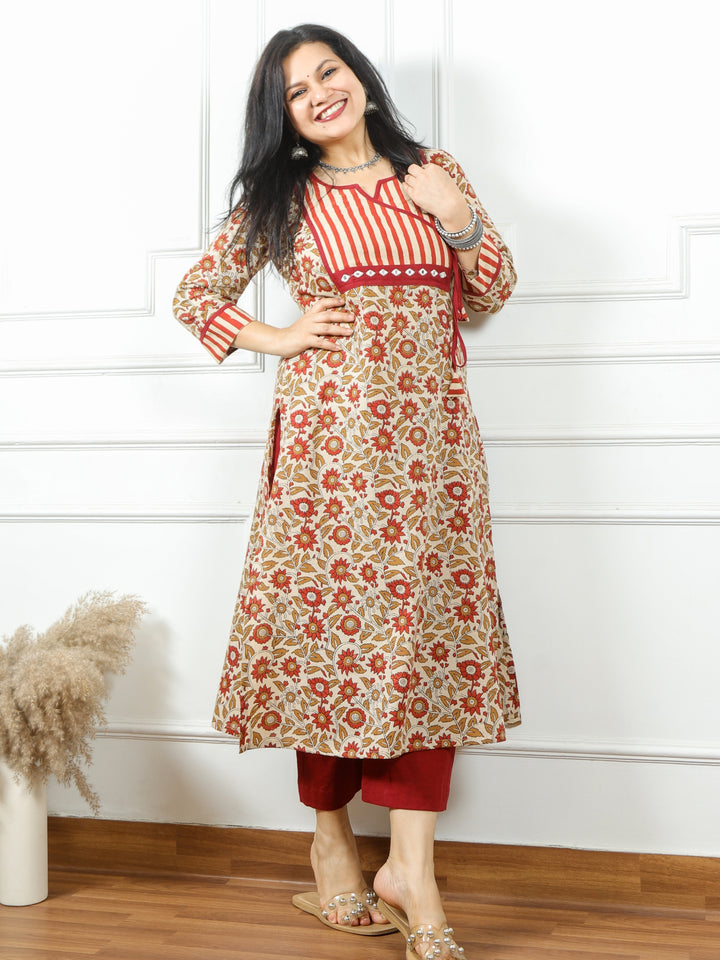 Udarri Beige with Red Kalamkari Printed Kutch Neck Angrakha Cotton Kurti-D1