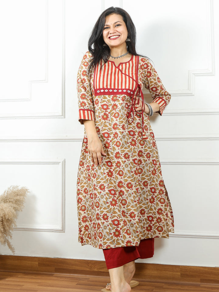 Udarri Beige with Red Kalamkari Printed Kutch Neck Angrakha Cotton Kurti-D1