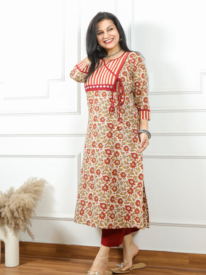 Udarri Beige with Red Kalamkari Printed Kutch Neck Angrakha Cotton Kurti-D1