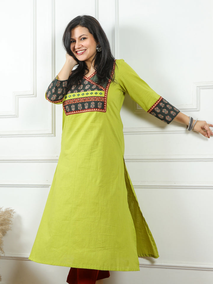 Hanniyaan Minty Green Kutch Patch Work Angrakha Cotton Kurti-D3