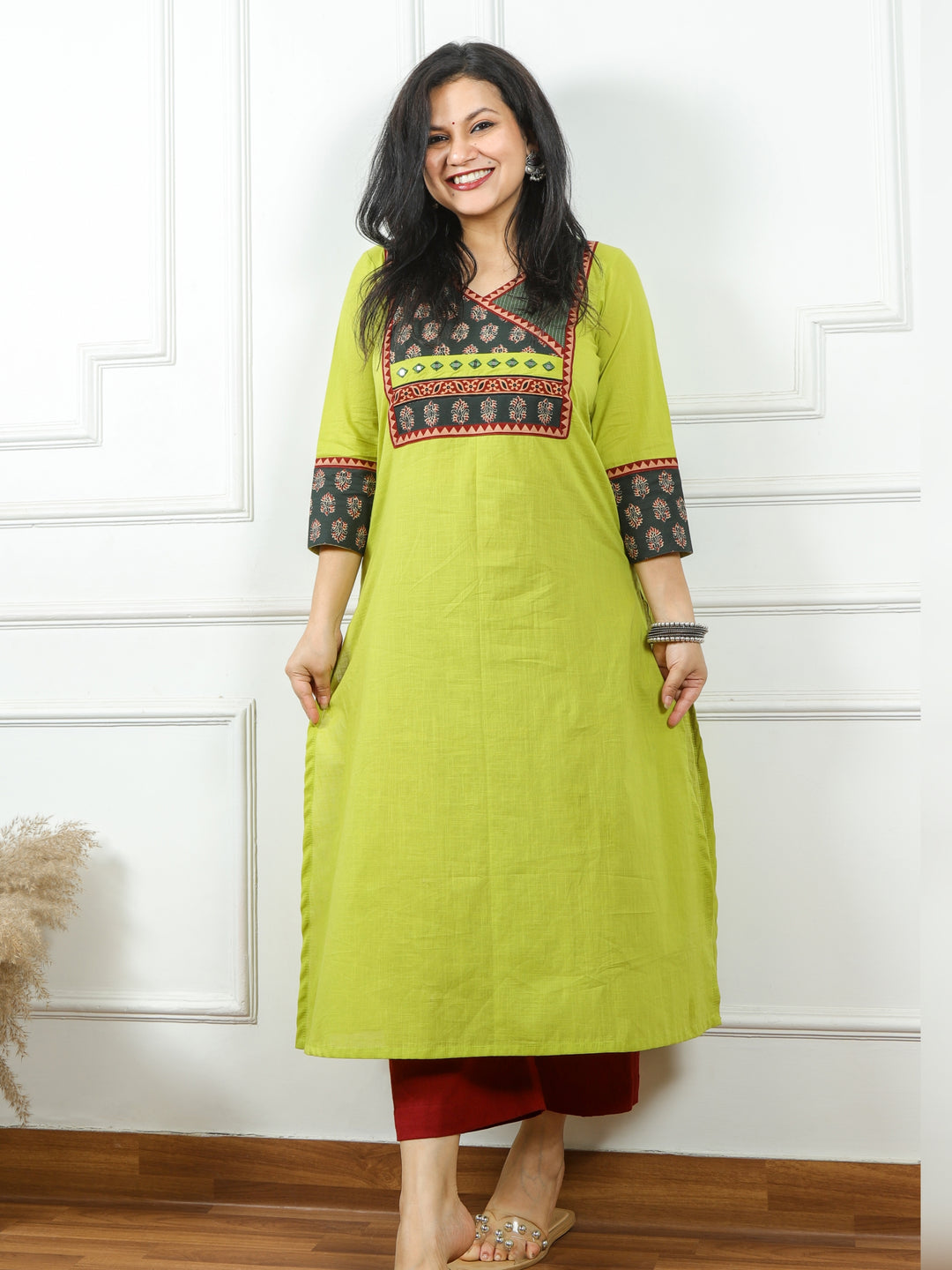 Hanniyaan Minty Green Kutch Patch Work Angrakha Cotton Kurti-D3