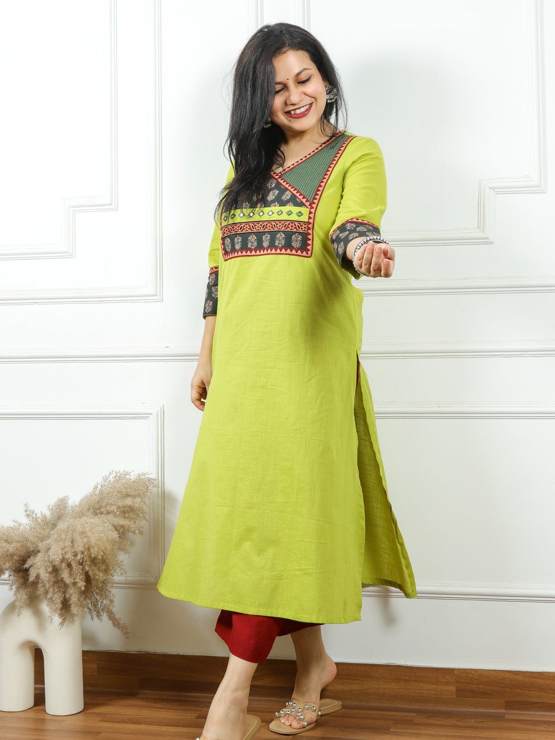 Hanniyaan Minty Green Kutch Patch Work Angrakha Cotton Kurti-D3