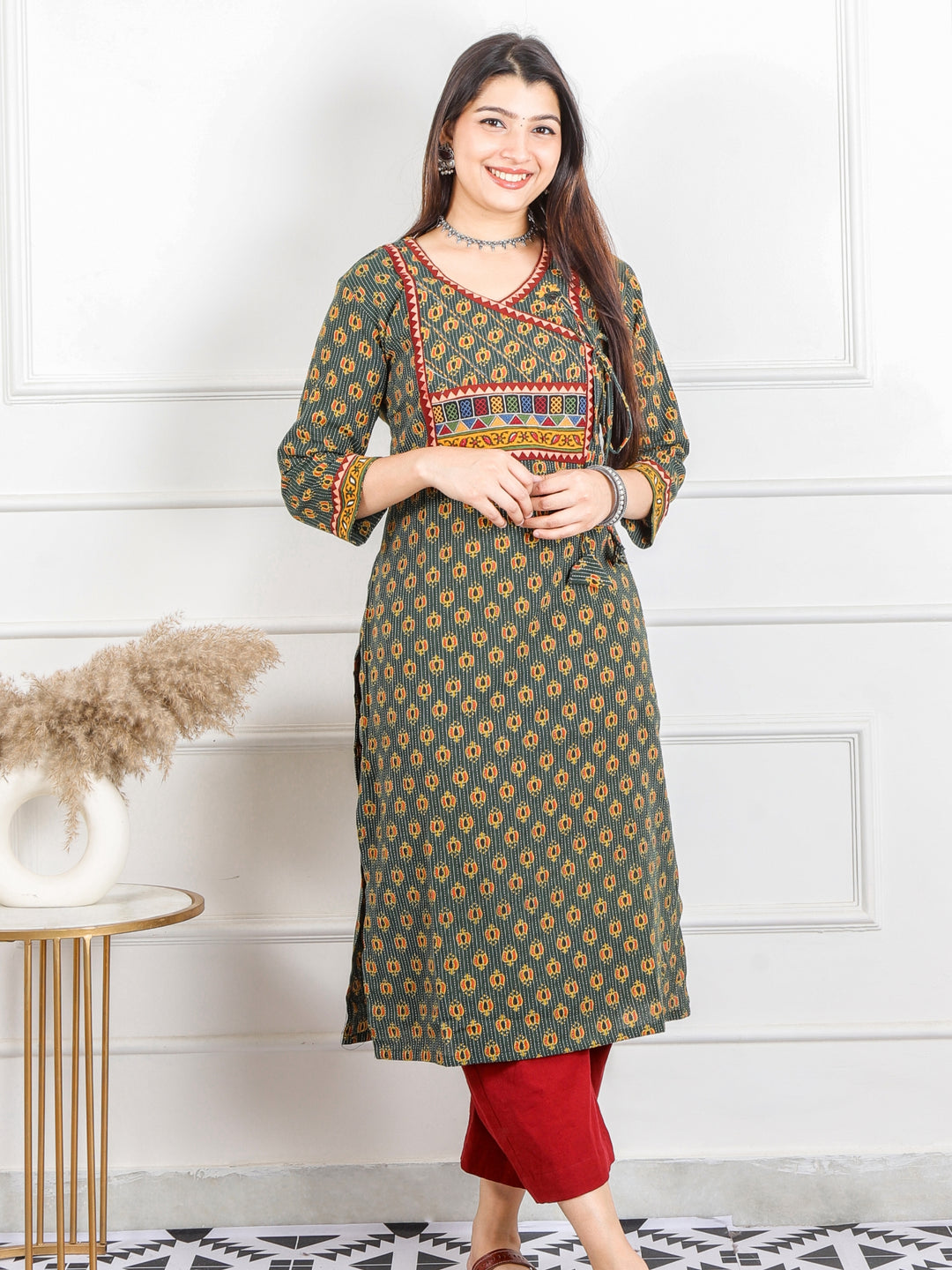 Ghoomer Grass Green Angrakha Style Neck Work Print Cotton Kurti-D9