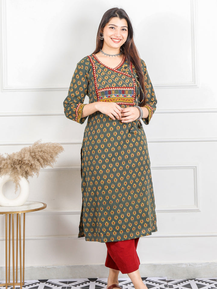 Ghoomer Grass Green Angrakha Style Neck Work Print Cotton Kurti-D9