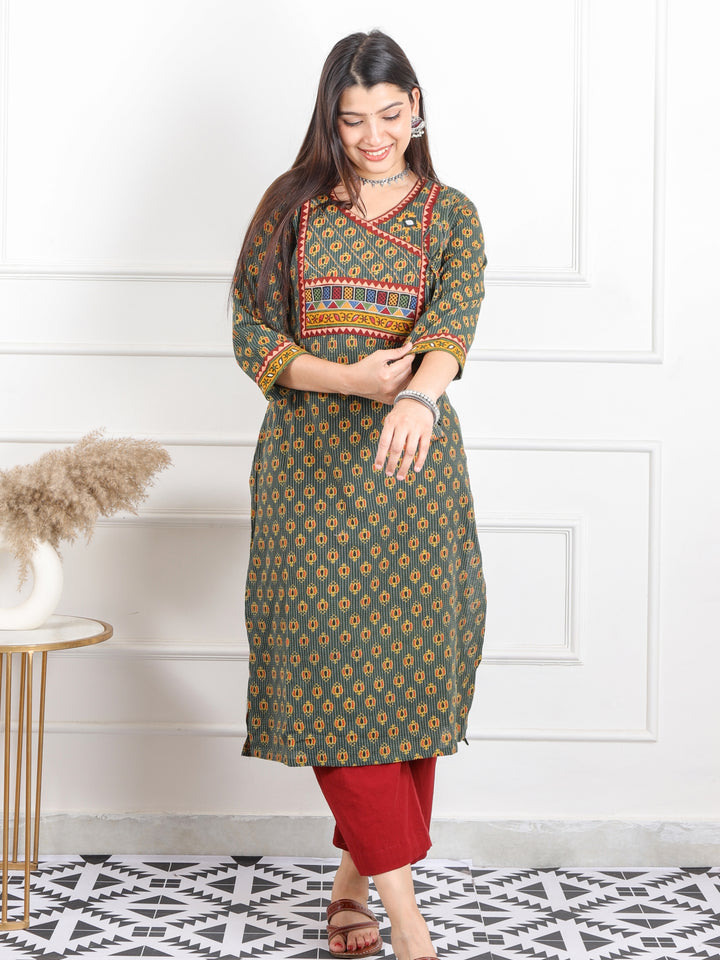 Ghoomer Grass Green Angrakha Style Neck Work Print Cotton Kurti-D9
