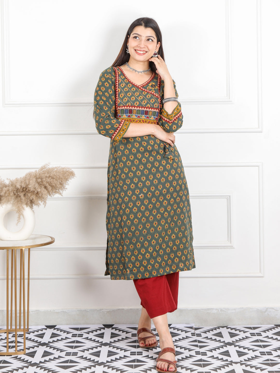 Ghoomer Grass Green Angrakha Style Neck Work Print Cotton Kurti-D9
