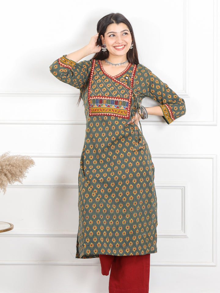 Ghoomer Grass Green Angrakha Style Neck Work Print Cotton Kurti-D9