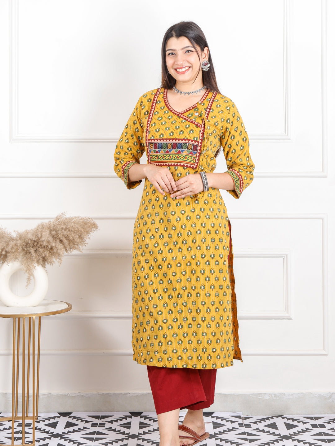 Ghoomer Bright Yellow Angrakha Style Neck Work Print Cotton Kurti-D9