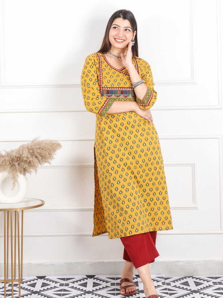Ghoomer Bright Yellow Angrakha Style Neck Work Print Cotton Kurti-D9