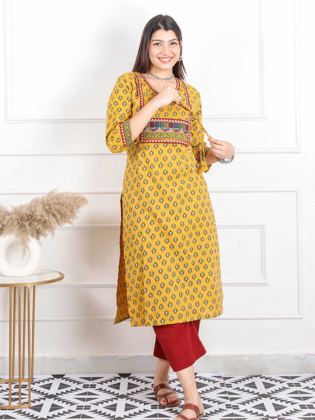 Ghoomer Bright Yellow Angrakha Style Neck Work Print Cotton Kurti-D9