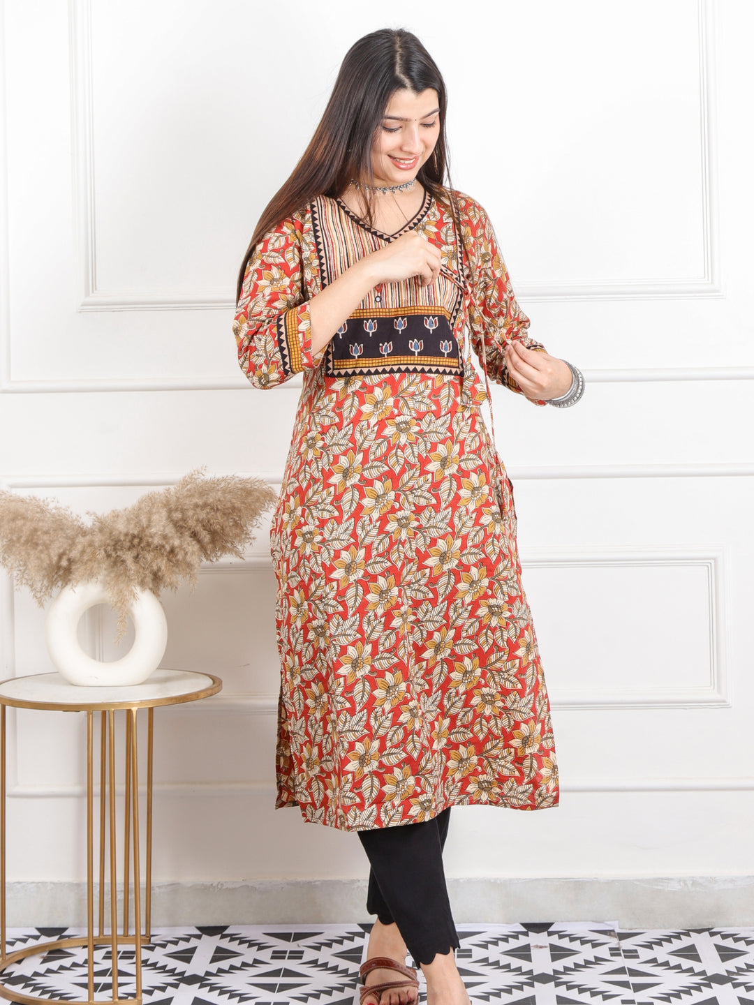 Udarri Cherry Red kalamkari Printed Angrakha Neck Cotton Kurti