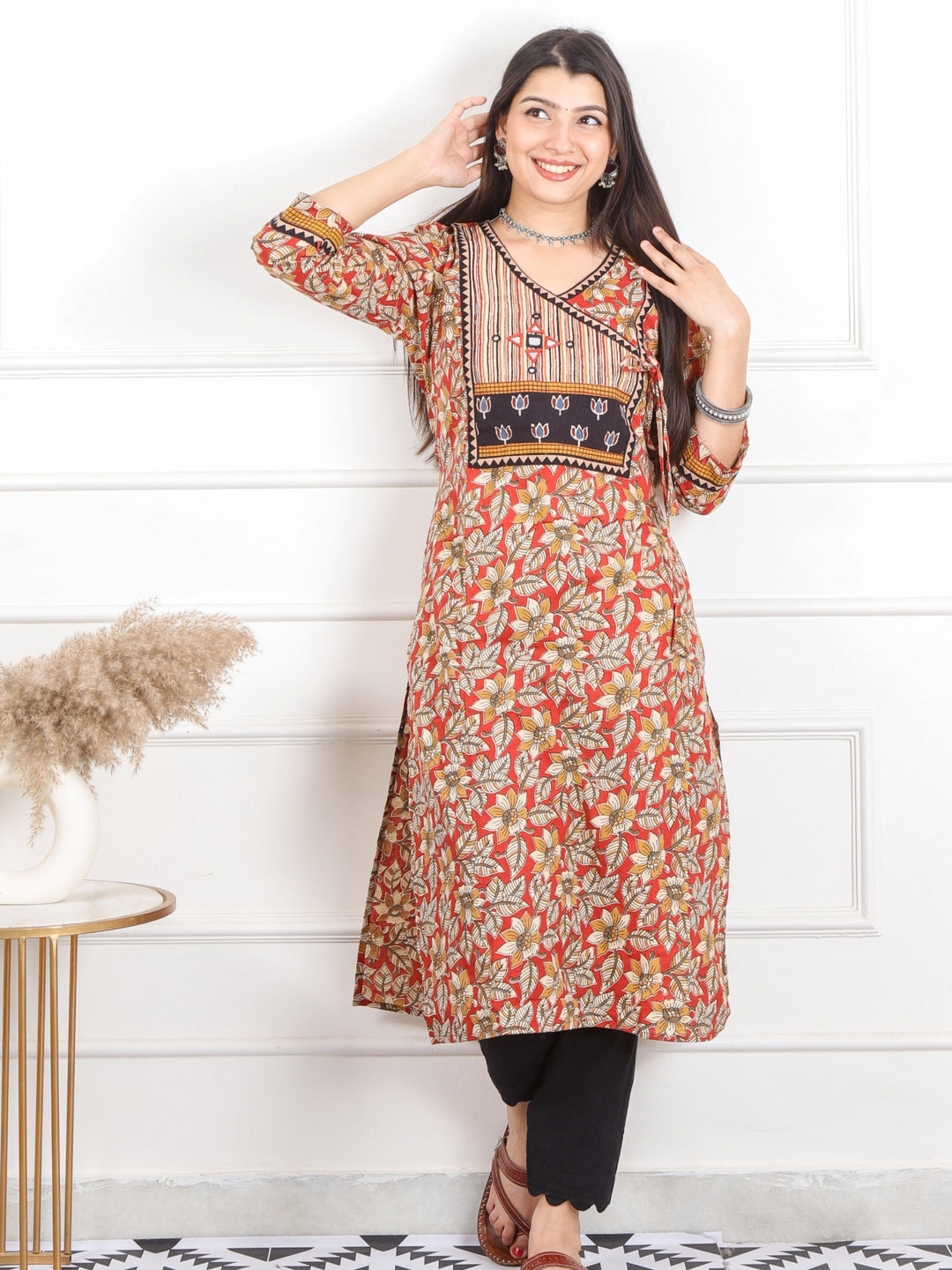 Udarri Cherry Red kalamkari Printed Angrakha Neck Cotton Kurti