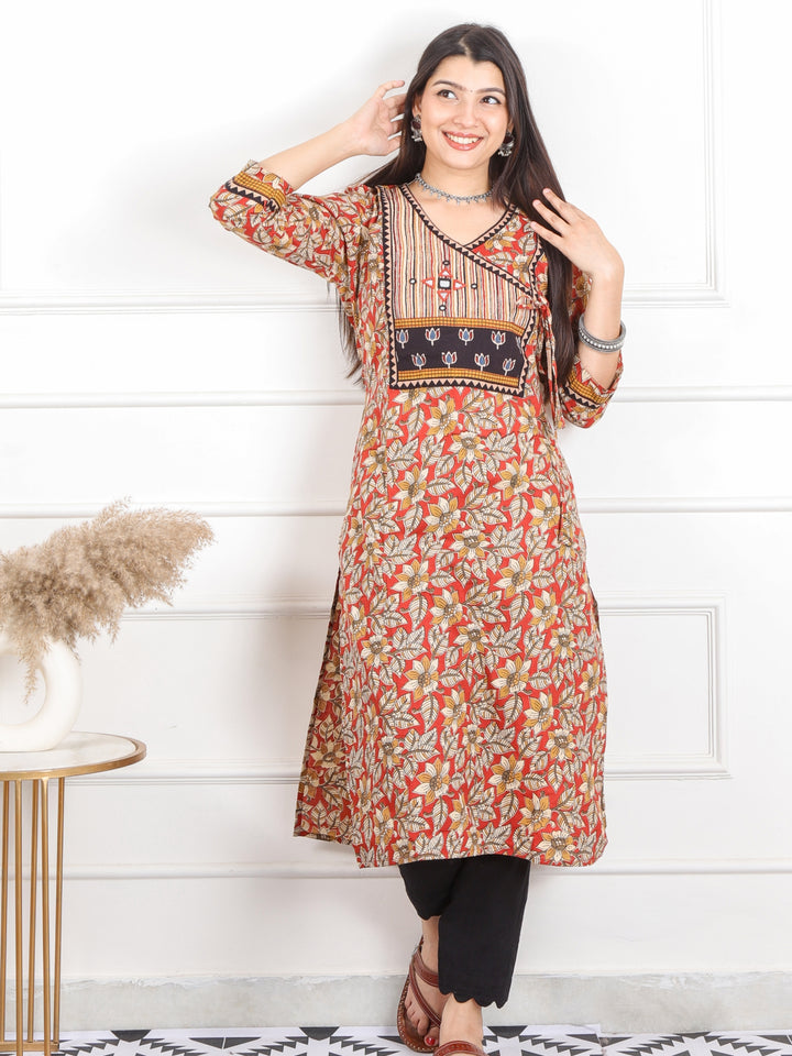 Udarri Cherry Red kalamkari Printed Angrakha Neck Cotton Kurti
