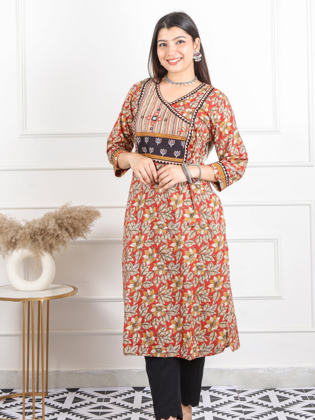 Udarri Cherry Red kalamkari Printed Angrakha Neck Cotton Kurti