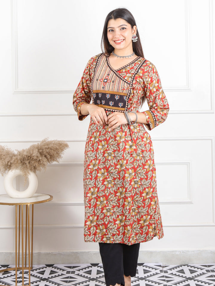 Udarri Cherry Red kalamkari Printed Angrakha Neck Cotton Kurti