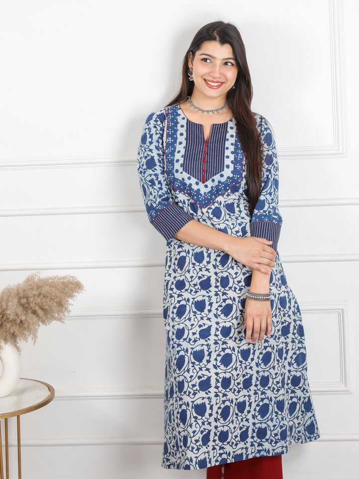 Raavi Indigo Blue Dabu Print Round Neck Kutch Work Cotton Kurti-D3