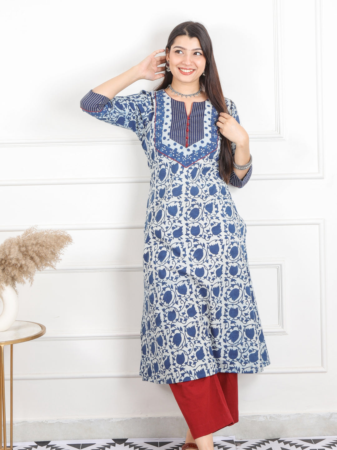 Raavi Indigo Blue Dabu Print Round Neck Kutch Work Cotton Kurti-D3