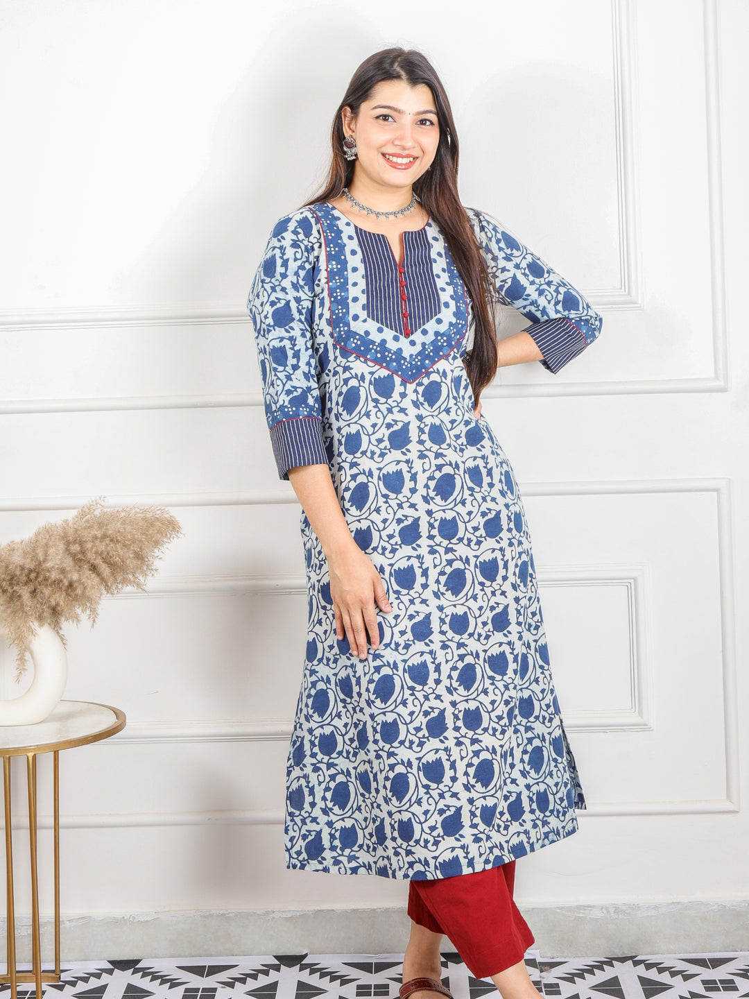 Raavi Indigo Blue Dabu Print Round Neck Kutch Work Cotton Kurti-D3