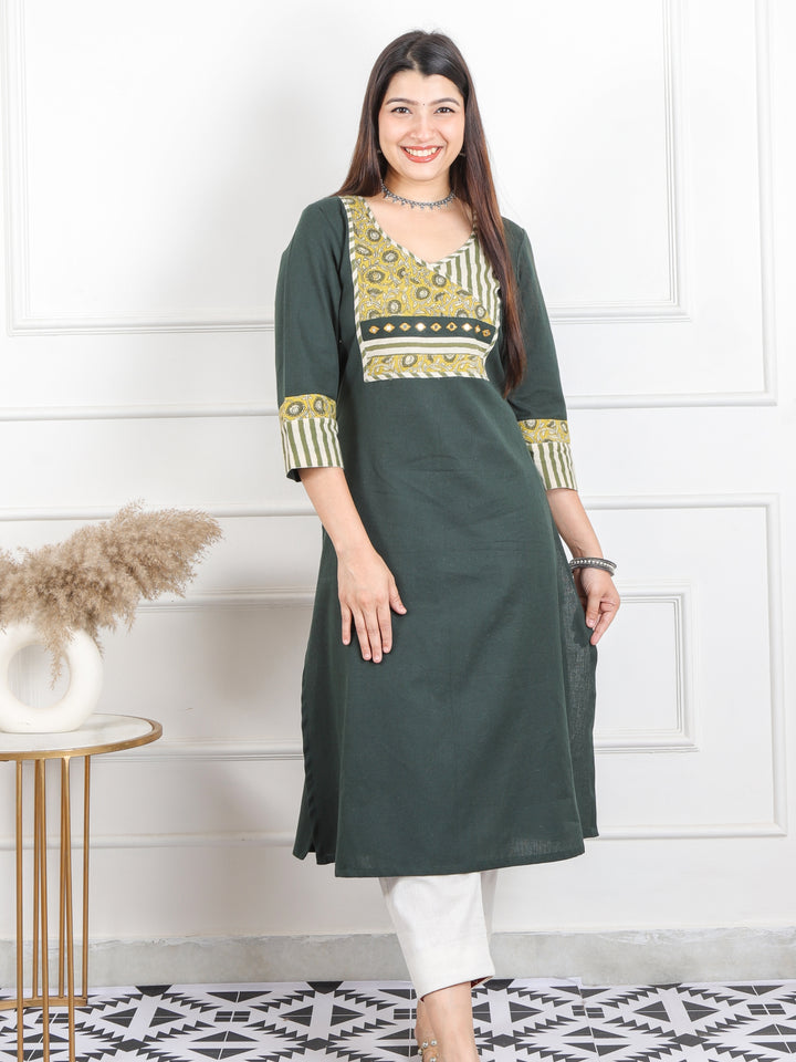 Raavi Sac. Green Kalamkari Yoke Patch Mirror Work Cotton Flex Kurti
