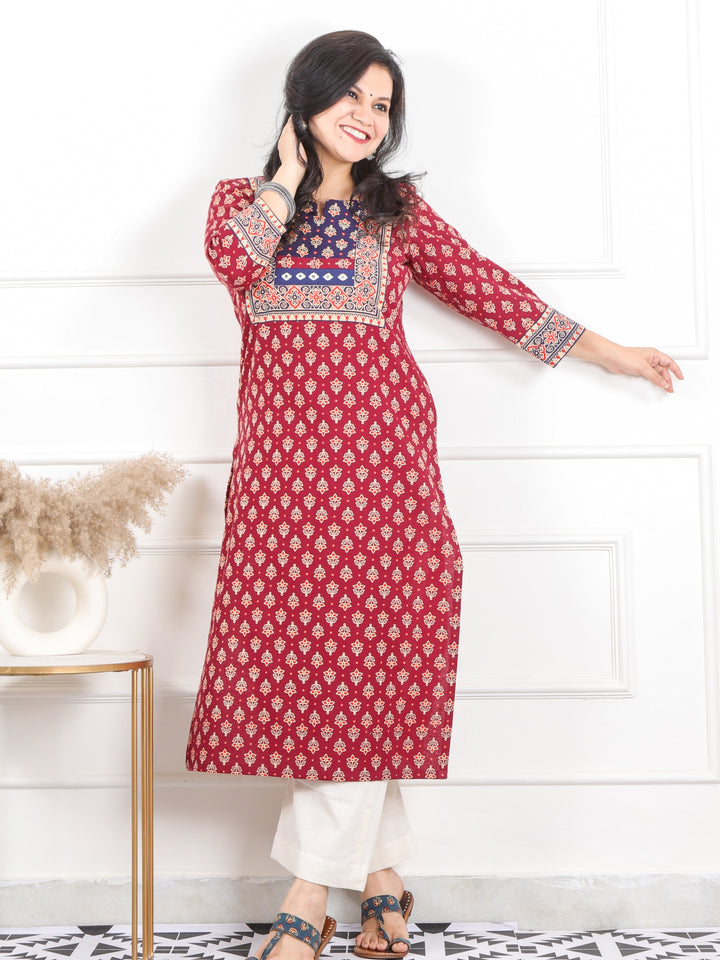 Raavi Wine Red Mirror Work in Gujjri Printed Cotton Kurti