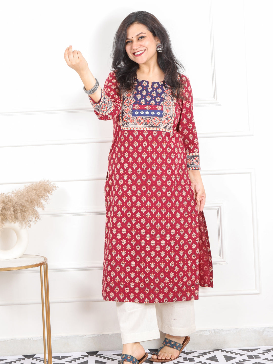 Raavi Wine Red Mirror Work in Gujjri Printed Cotton Kurti